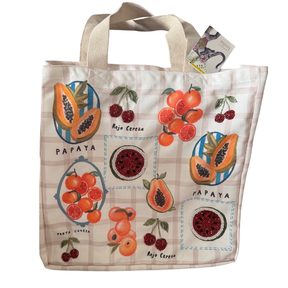 Beaded Fruit Papaya Cherry Gingham Large Tote Shopping Farmer's Market Bag NWT